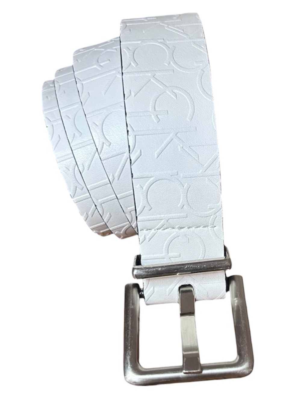 Calvin Klein‎ White Embossed Leather Belt with Silver Buckle S